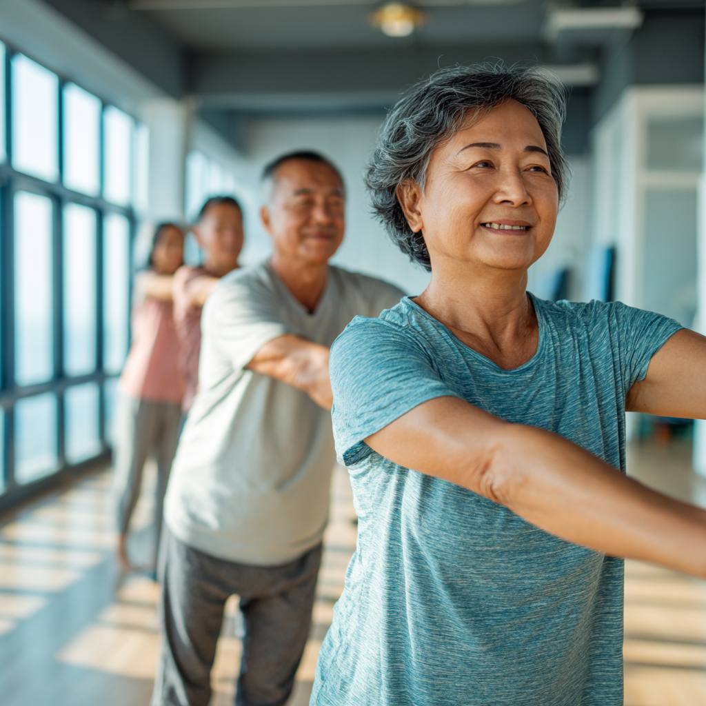Улыбающиеся европейские люди среднего возраста выполняют упражнения на растяжку в современном фитнес-зале с естественным освещением