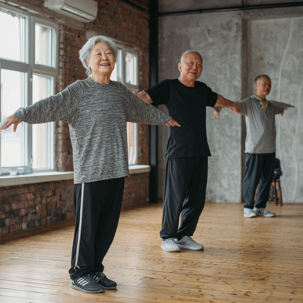 Группа энергичных европейских людей разного возраста радостно тянется к небу в парке на фоне зеленых деревьев, демонстрируя гибкость и жизненную силу